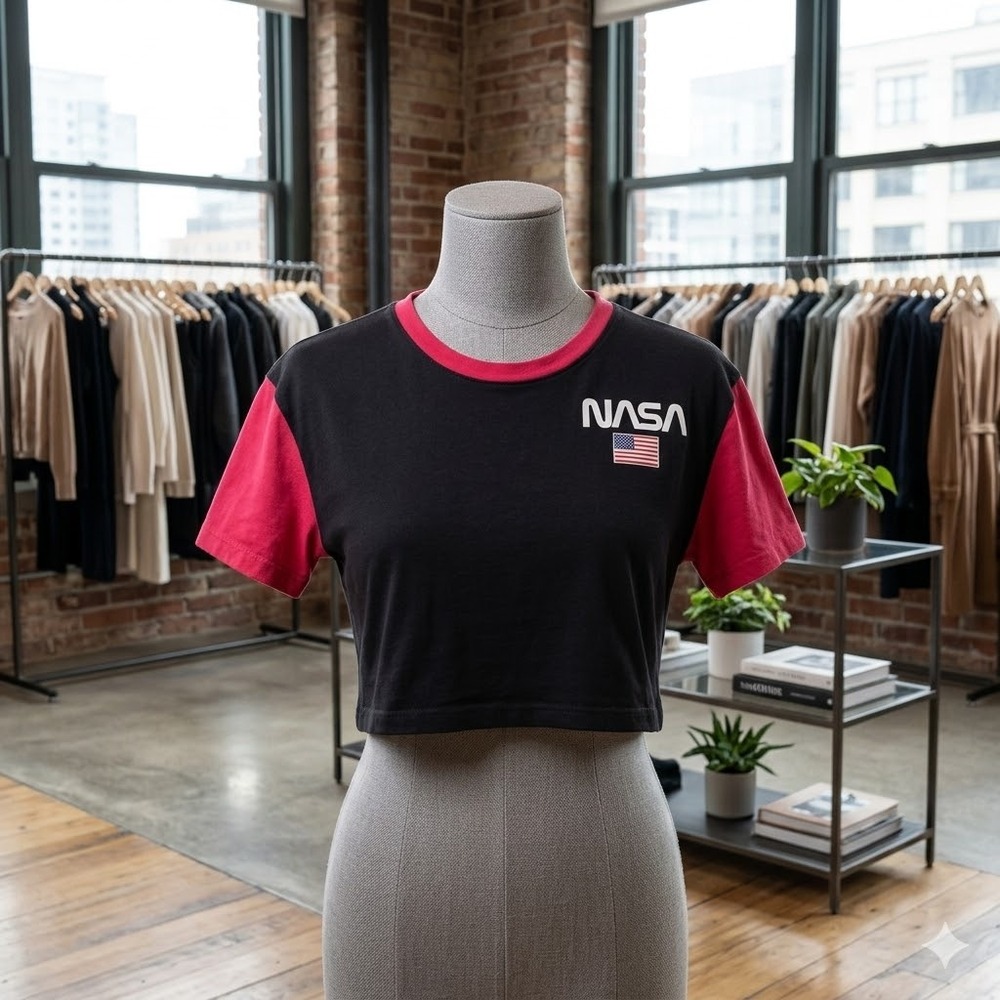NWOT Chemistry NASA Graphic Crop Top Size Medium Black Red Colorblock Ringer Tee